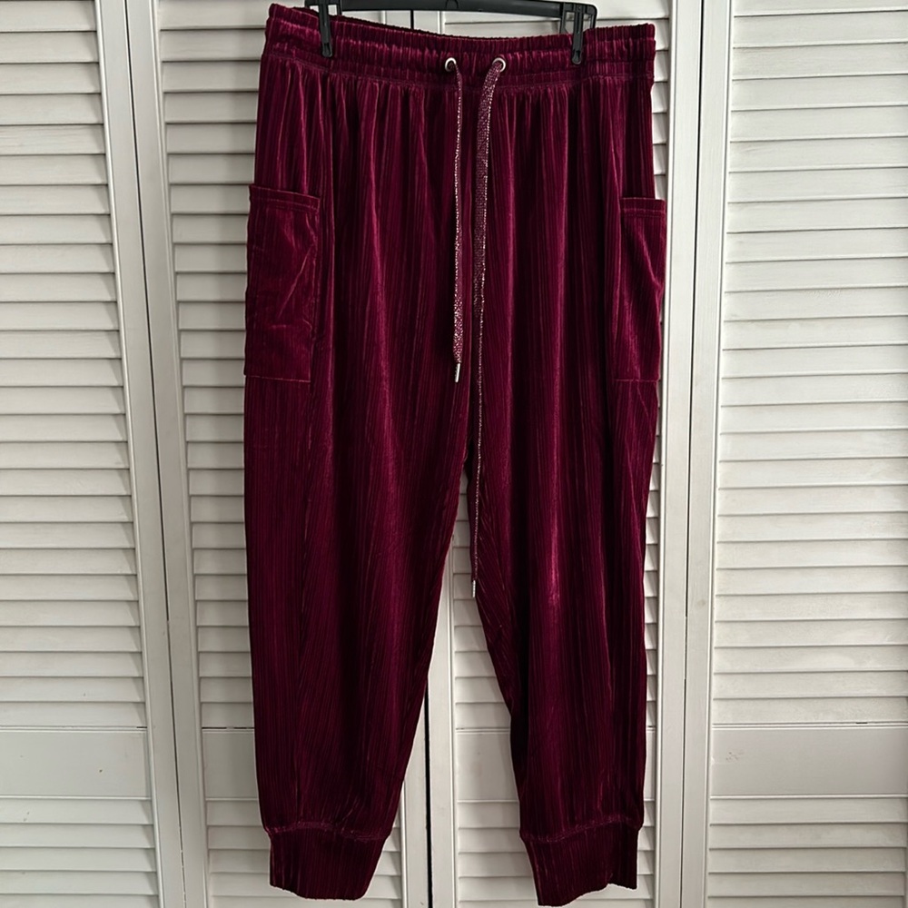 Plum soft velvet draw string with side pockets pants size L